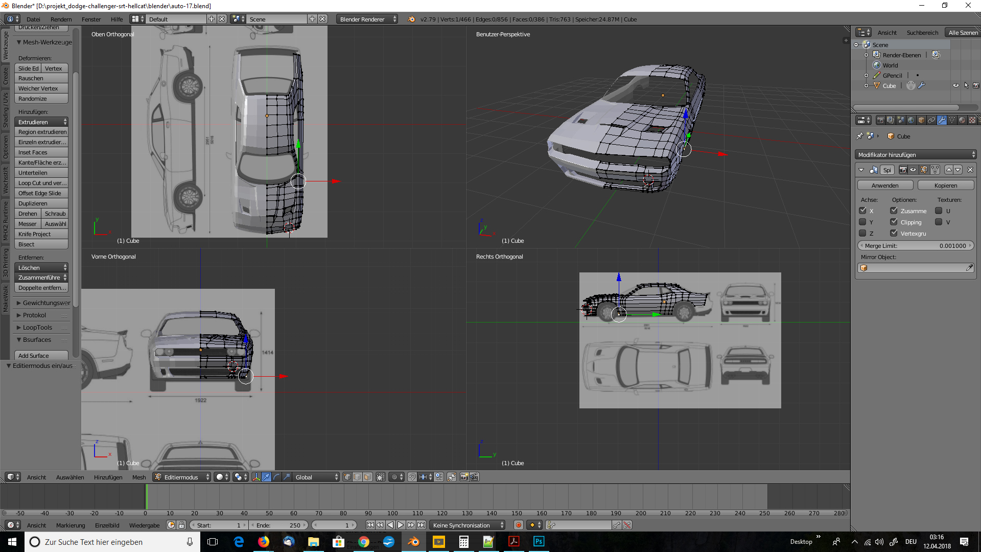 3D-Modelling von einem Auto nach Blaupausen – Tag 2