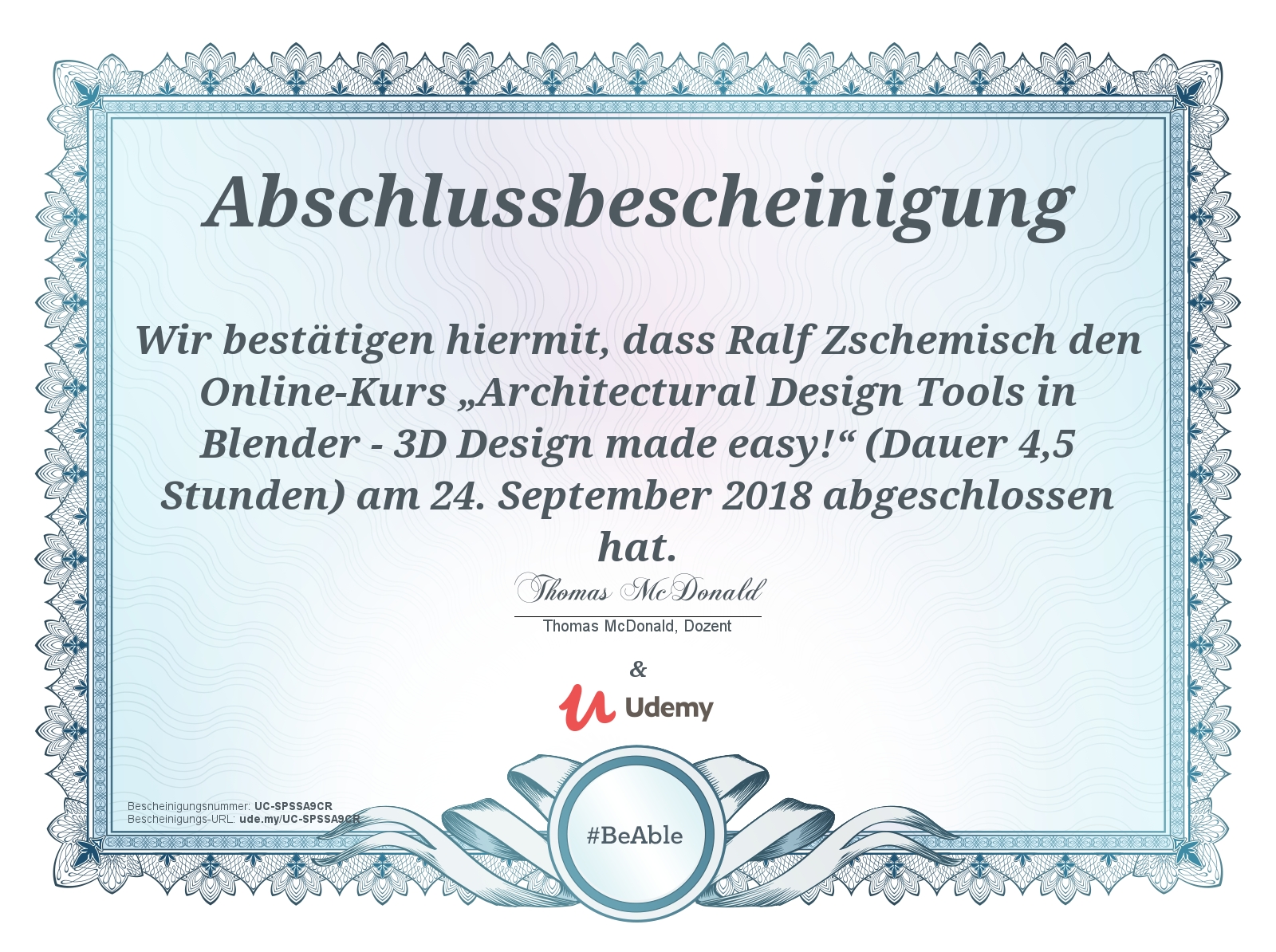 Meine Abschlussbescheinigung für den Kurs “Architectural Design Tools in Blender – 3D Design made easy!”
