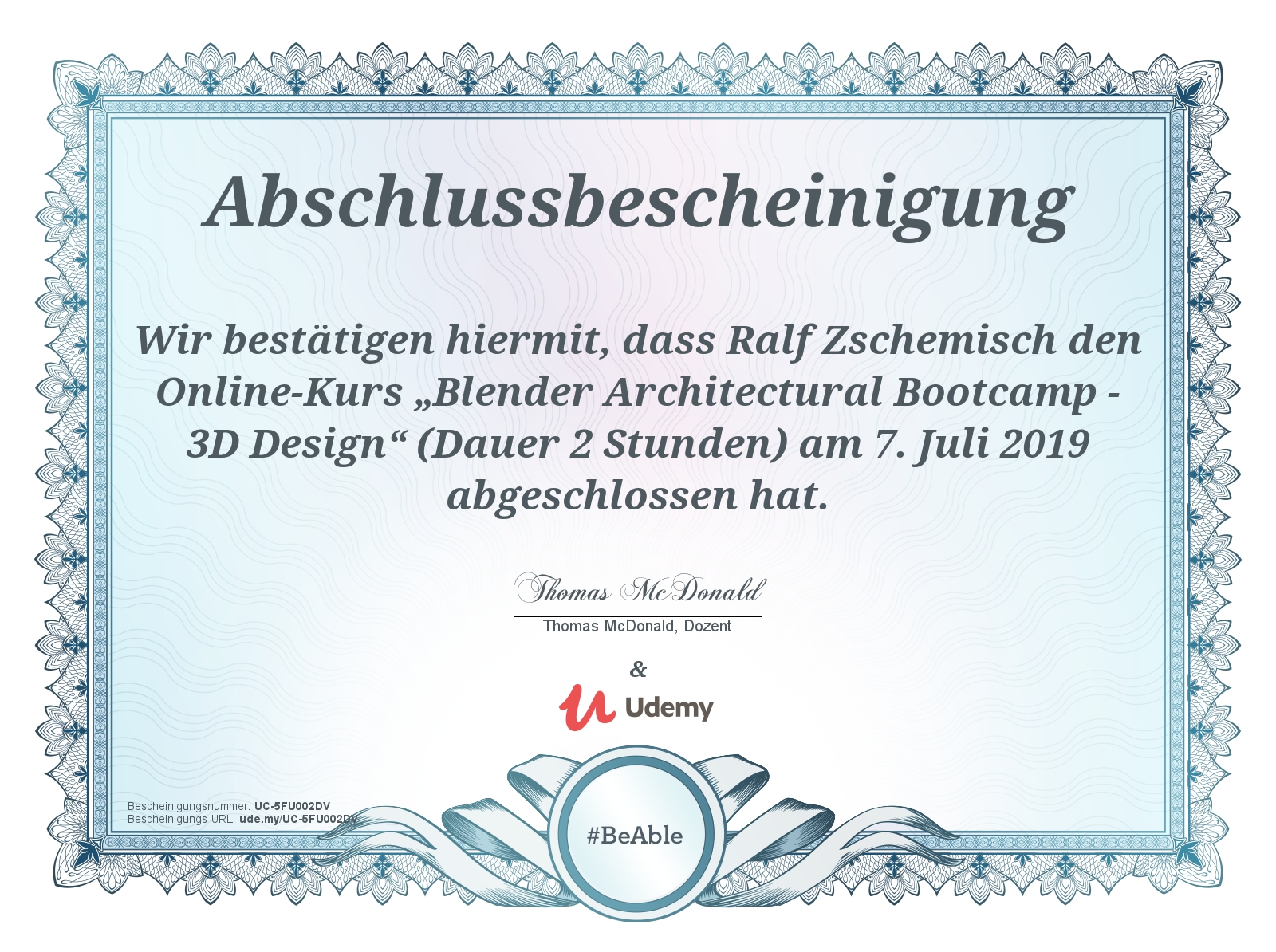 Abschlussbescheinigung: Blender Architectural Bootcamp – 3D Design