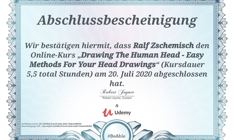 Meine Abschlussbescheinigung für den Kurs „Drawing The Human Head - Easy Methods For Your Head Drawings“