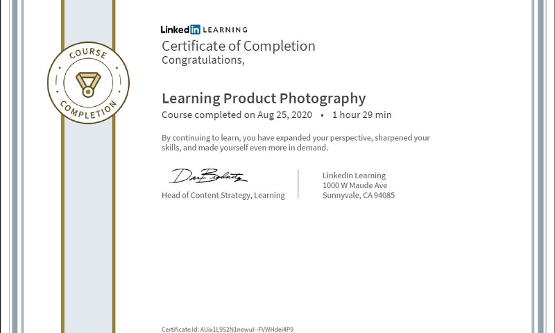 Meine Abschlussbescheinigung für den Kurs „Learning Product Photography“
