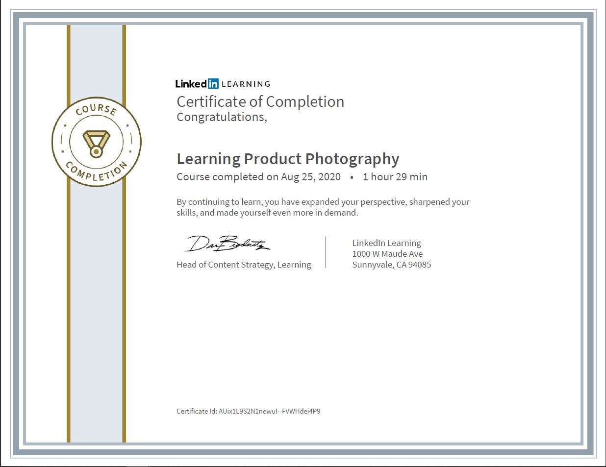 Meine Abschlussbescheinigung für den Kurs „Learning Product Photography“