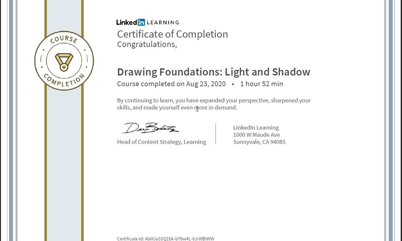 Meine Abschlussbescheinigung für den Kurs „Drawing Foundations: Light and Shadow“