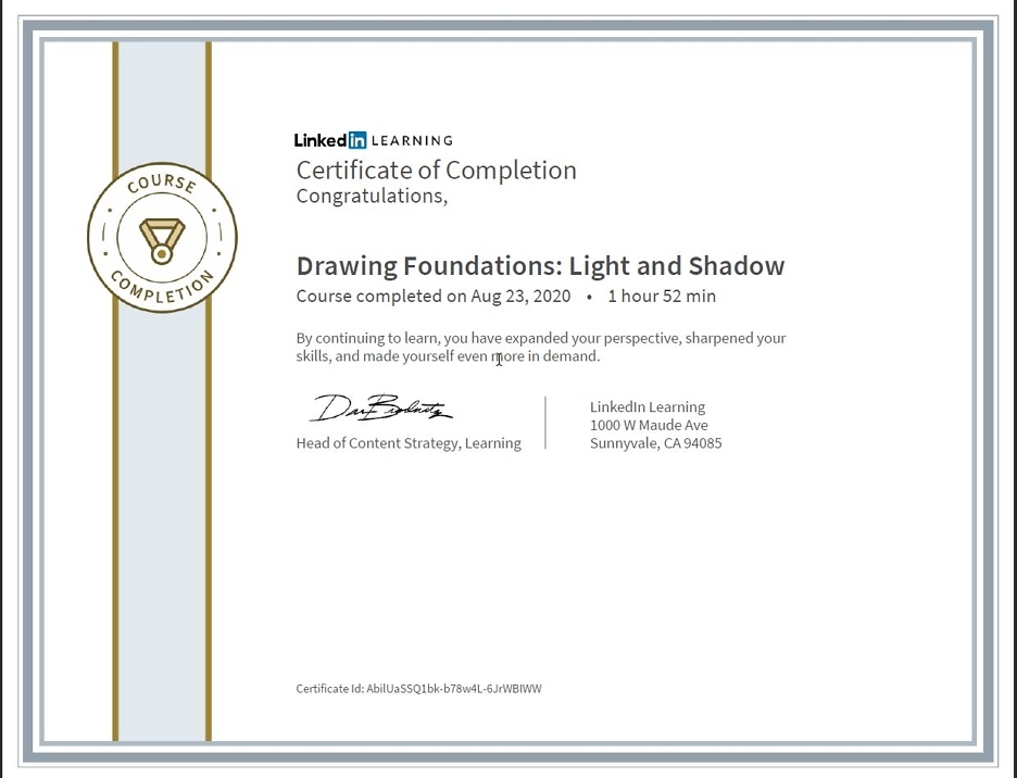Meine Abschlussbescheinigung für den Kurs „Drawing Foundations: Light and Shadow“