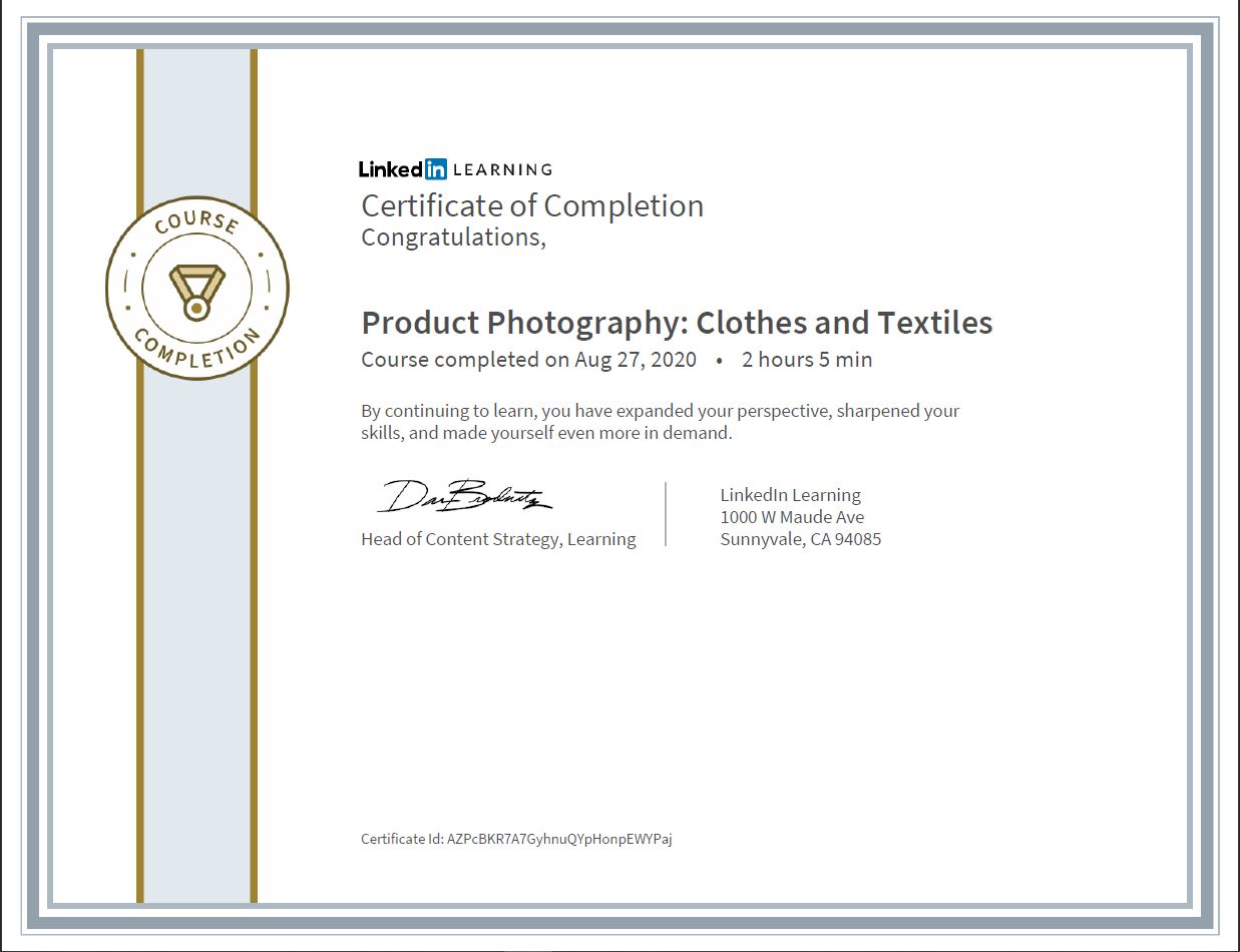 Meine Abschlussbescheinigung für den Kurs „Product Photography: Clothes and Textiles“