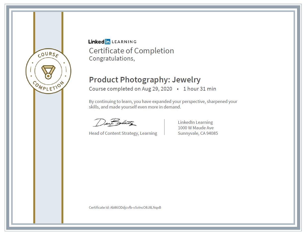 Meine Abschlussbescheinigung für den Kurs „Product Photography: Jewelry“