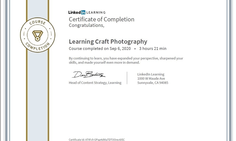 Meine Abschlussbescheinigung für den Kurs „Learning Craft Photography“