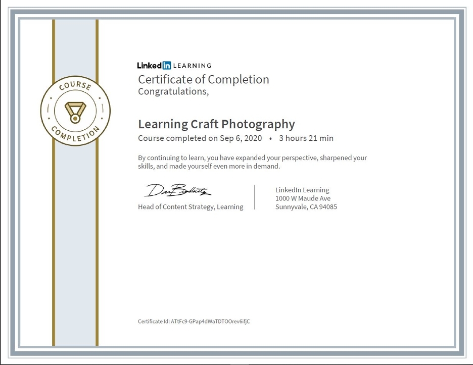 Meine Abschlussbescheinigung für den Kurs „Learning Craft Photography“