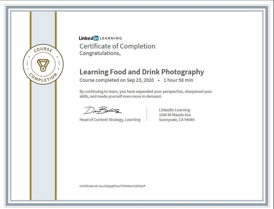Meine Abschlussbescheinigung für den Kurs „Learning Food and Drink Photography“