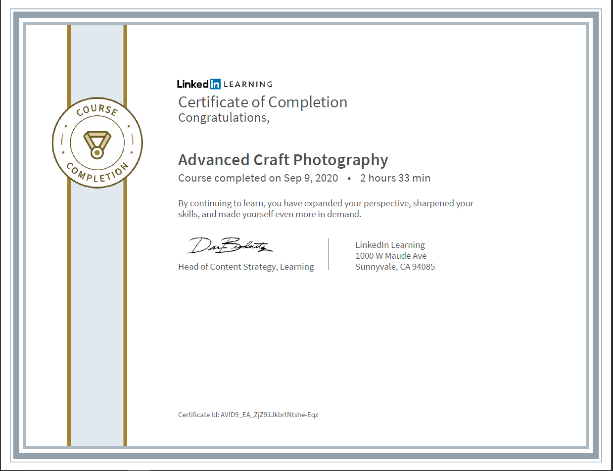 Meine Abschlussbescheinigung für den Kurs „Advanced Craft Photography“
