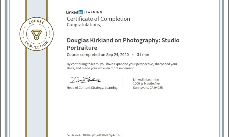 Meine Abschlussbescheinigung für den Kurs „Douglas Kirkland on Photography: StudioPortraiture“