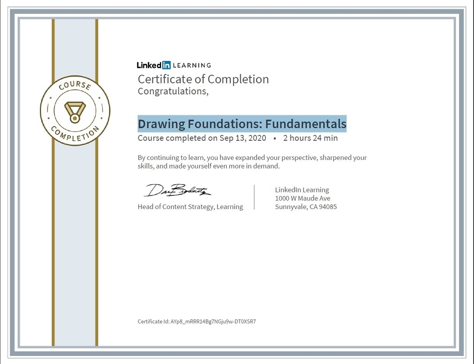 Meine Abschlussbescheinigung für den Kurs „Drawing Foundations: Fundamentals“
