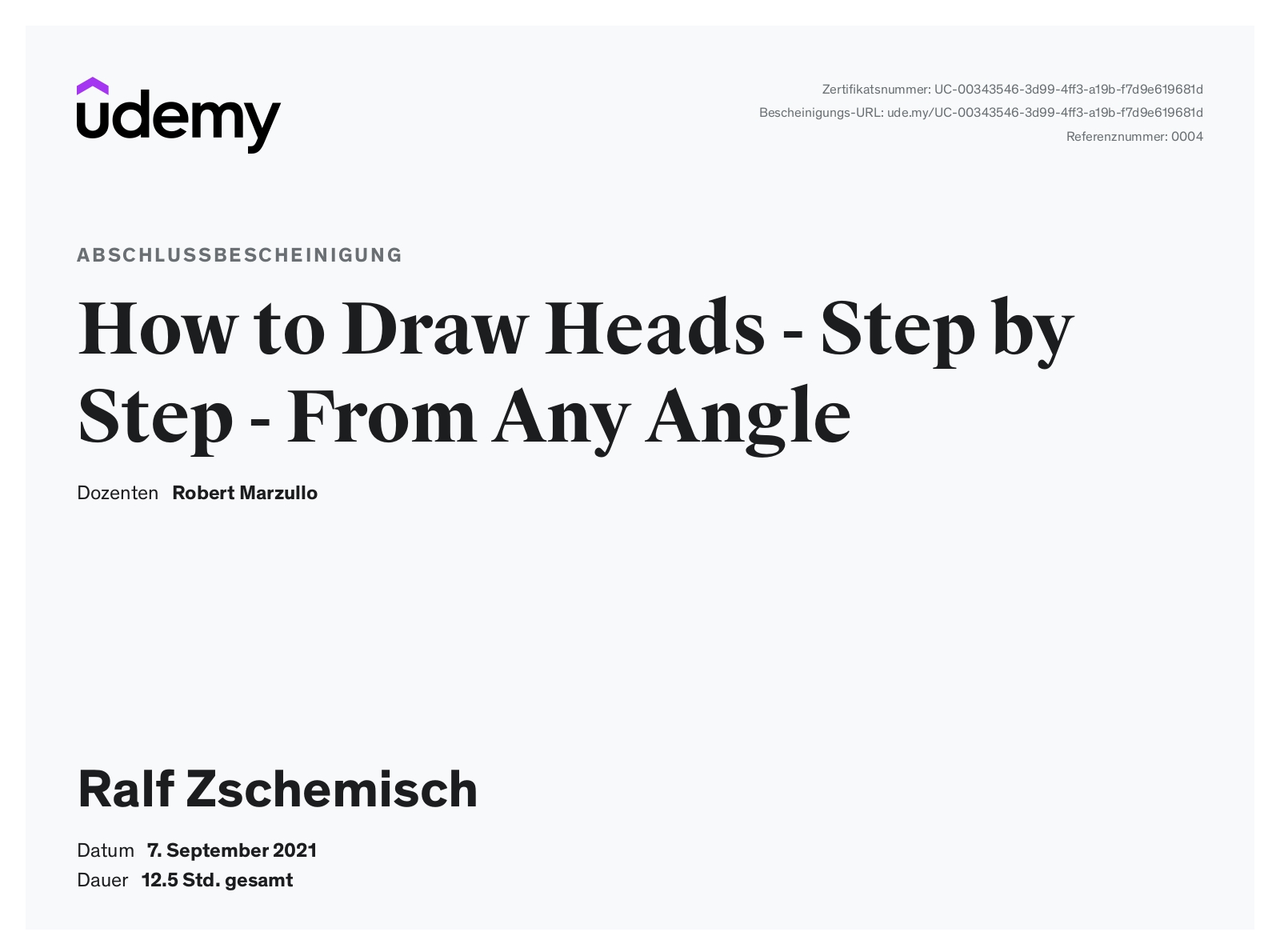 Meine Abschlussbescheinigung für den Kurs „How to Draw Heads – Step by Step – From Any Angle“