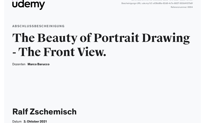 Meine Abschlussbescheinigung für den Kurs „The Beauty of Portrait Drawing - The Front View“