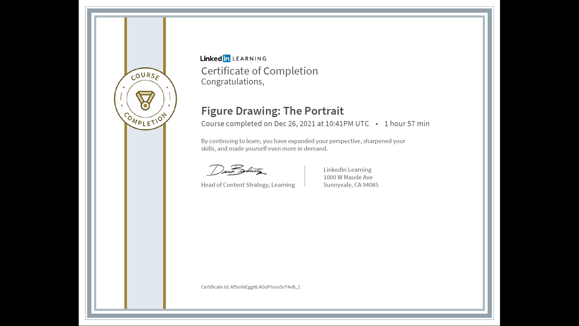 Meine Abschlussbescheinigung für den Kurs „Figure Drawing: The Portrait“