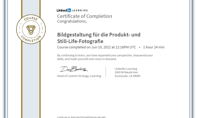 Meine Abschlussbescheinigung für den Kurs „Bildgestaltung für die Produkt- und Still-Life-Fotografie“