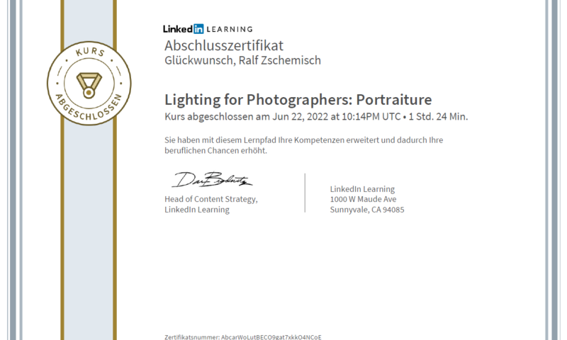 Meine Abschlussbescheinigung für den Kurs „Lighting for Photographers: Portraiture“