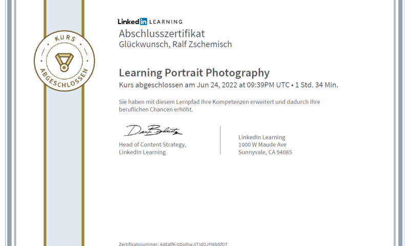 Meine Abschlussbescheinigung für den Kurs „Learning Portrait Photography“