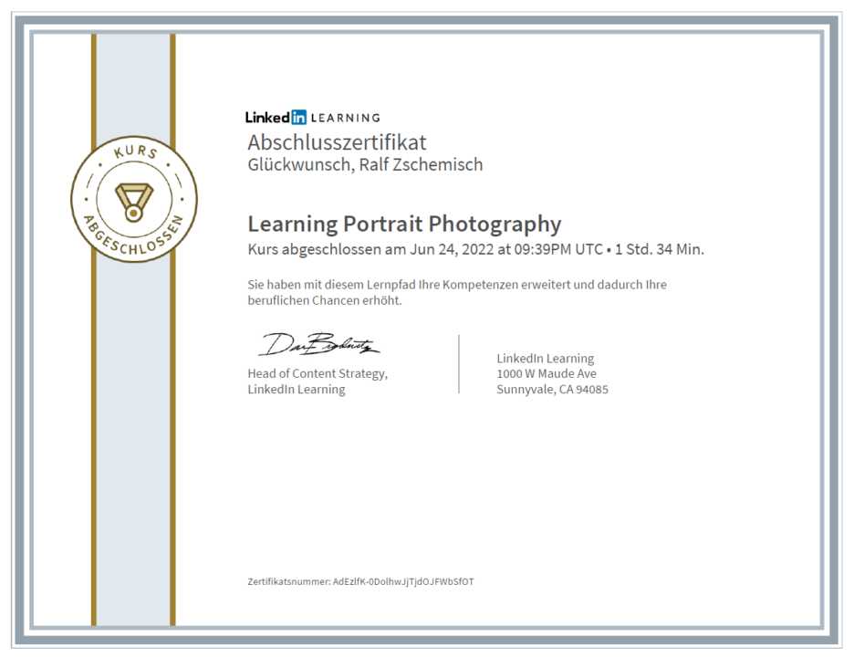Meine Abschlussbescheinigung für den Kurs „Learning Portrait Photography“