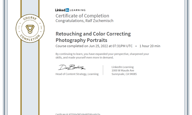 Meine Abschlussbescheinigung für den Kurs „Retouching and Color Correcting Photography Portraits“