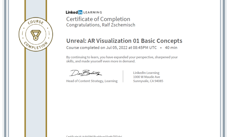 Meine Abschlussbescheinigung für den Kurs „Unreal: AR Visualization 01 Basic Concepts“.
