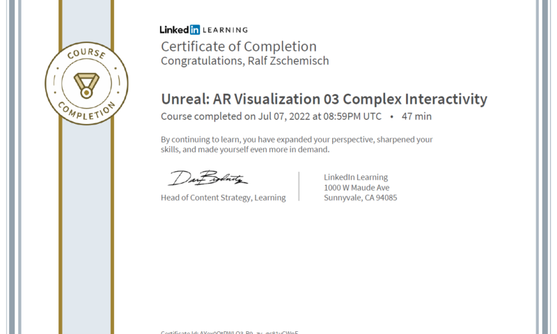 Meine Abschlussbescheinigung für den Kurs „Unreal: AR Visualization 03 Complex Interactivity“.