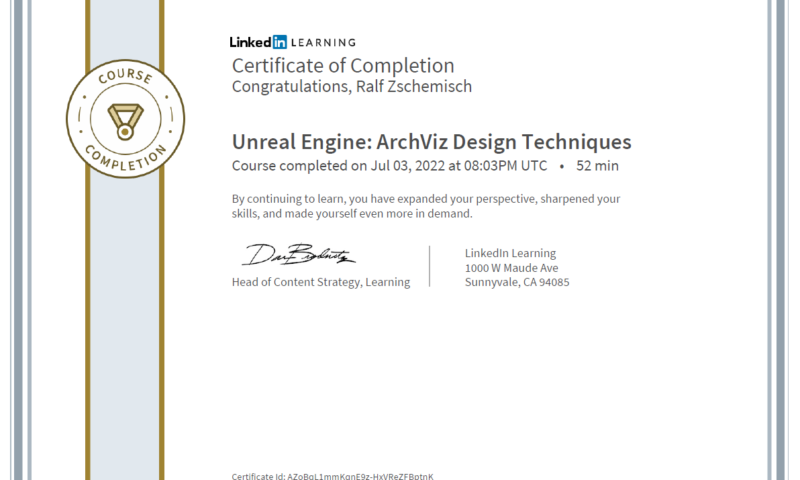 Meine Abschlussbescheinigung für den Kurs „Unreal Engine: ArchViz Design Techniques“.