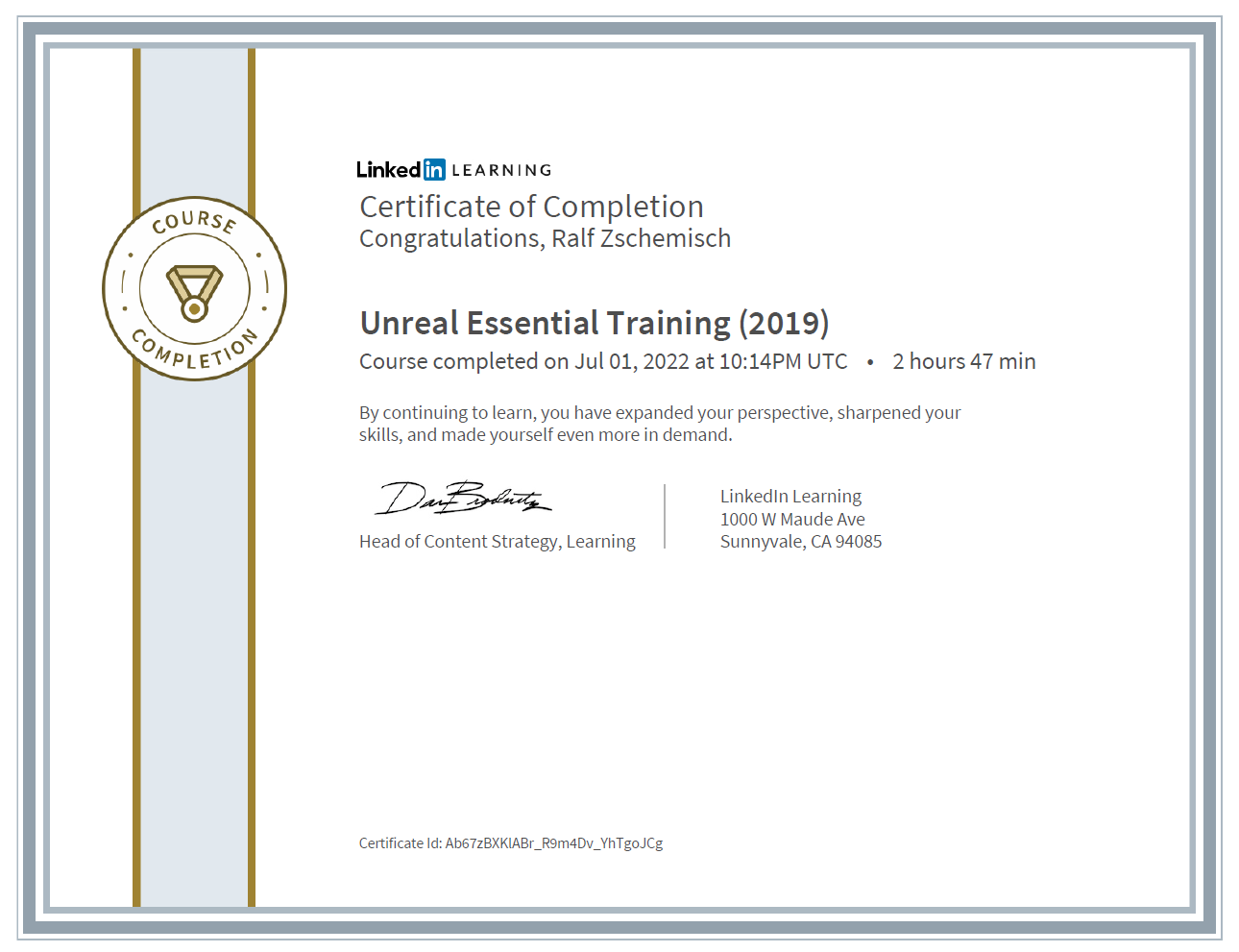 Meine Abschlussbescheinigung für den Kurs „Unreal Essential Training“.