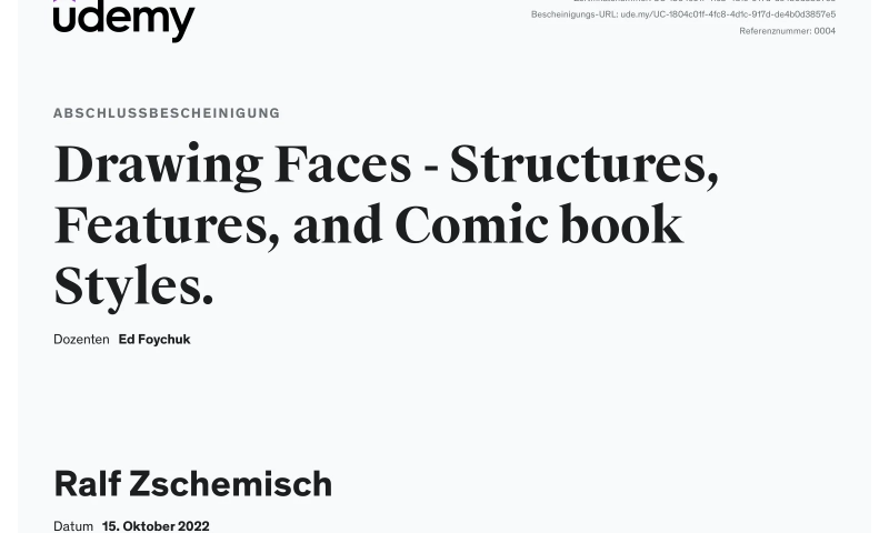 Meine Abschlussbescheinigung für den Kurs „Drawing Faces - Structures, Features, and Comic book Styles“